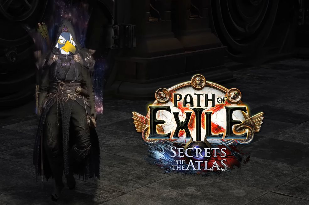 Miller, clad in his floating armour, stands in a hallway next to the current PoE league's logo