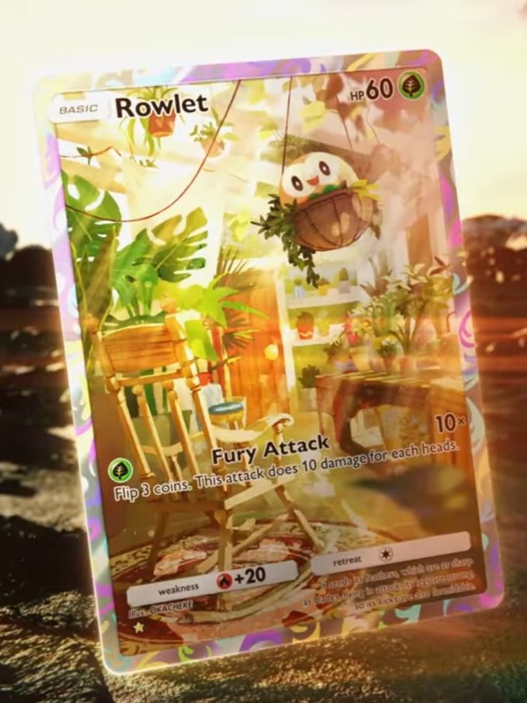 screenshot from Pokemon TCG Pocket booster pack trailer, showing a special Rowlet card