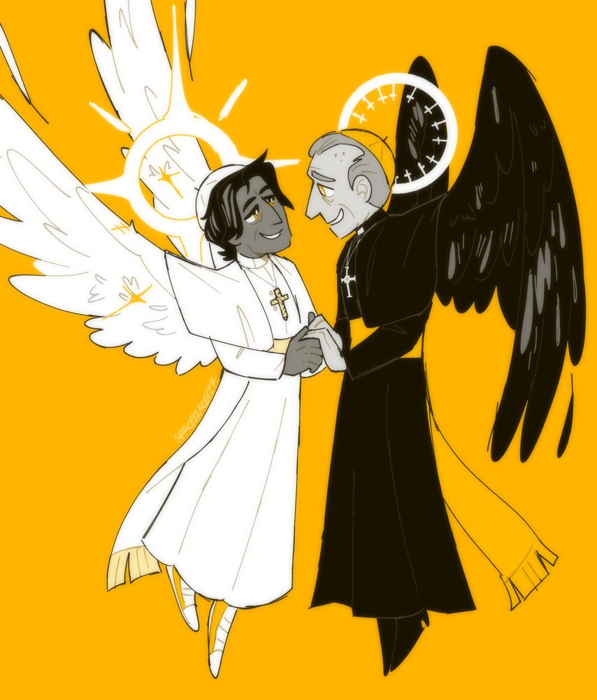 A drawing of Thomas Lawrence and Vincent Benitez from Conclave (2024). They're both drawn as angels, Vincent with scarred white wings and Thomas with old black wings. They're holding hands <3