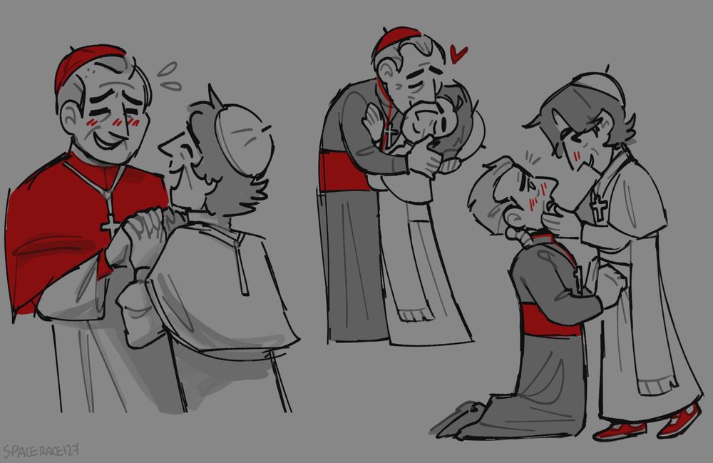 A series of three drawings. All of them feature Thomas Lawrence and Vincent Benitez from Conclave (2024).
1. They're holding hands <3
2. Thomas leaning over Vincent and giving him a kiss.
3. Thomas kneeling in front of Vincent, who is holding his face.