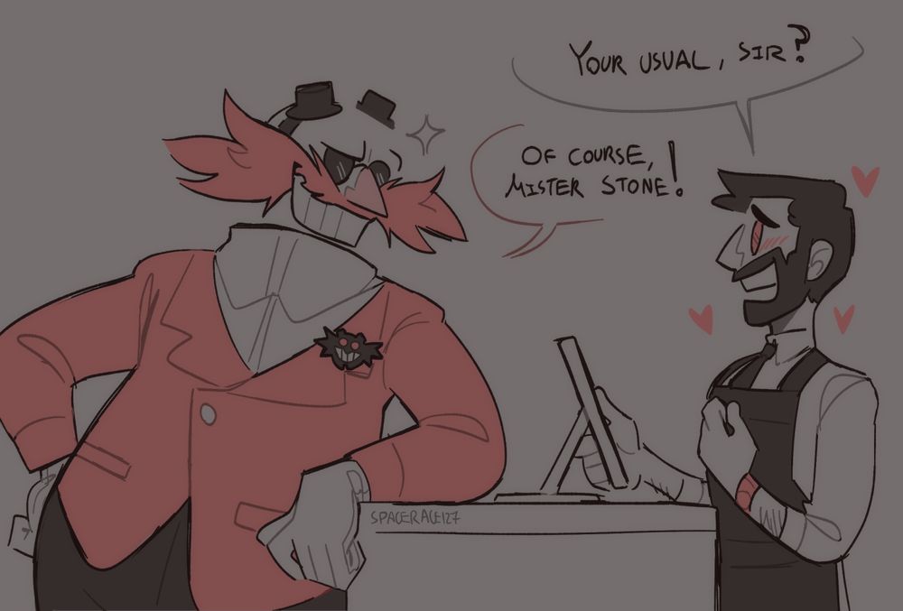 A drawing of Eggman and Agent Stone. Eggman looks like his game version, but with a red suit on. Stone is in a barista uniform. Eggman is confidently leaning on the counter in front of Stone, while Stone looks at him with a smile and a blush.
Stone: Your usual, sir?
Eggman: Of course, Mister Stone!