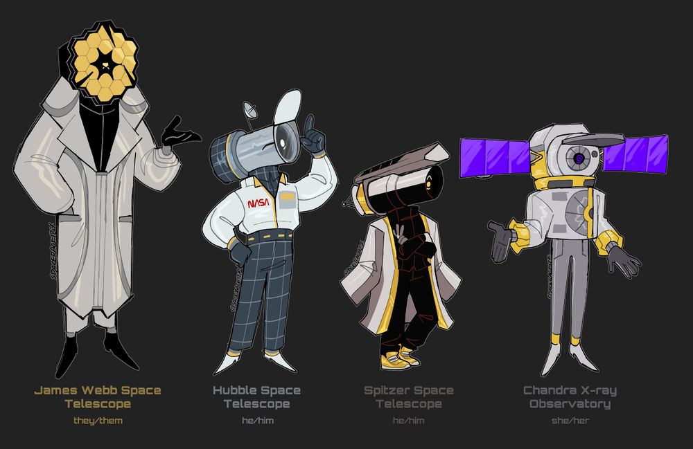 Lineup of personifications of 4 space telescopes:
- James Webb Space Telescope (they/them). They are wearing a large aluminum overcoat. Their head looks like the Webb telescope, a large golden hexagon mirror.
- Hubble Space Telescope (he/him). He's wearing an aluminum jacket. His head looks like the Hubble telescope, and is wearing glasses.
- Spitzer Space Telescope (he/him). He's wearing an aluminum coat over his shoulders, a black suit, and golden sneakers. His head looks like Spitzer telescope.
- Chandra X-ray Observatory (she/her). She's wearing an aluminum jacket with gold accents. Her head looks like the Chandra telescope, with large purple solar panels on the sides.