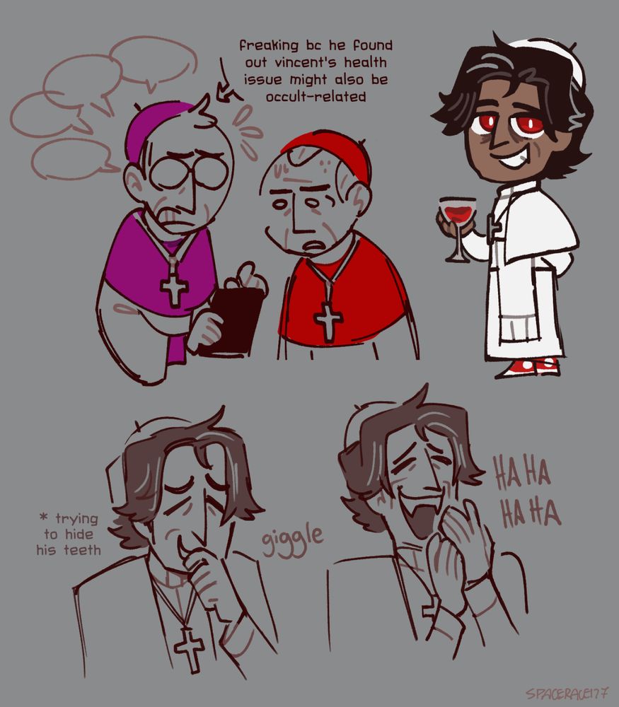 Three sets of doodles.
1. Ray and Thomas from Conclave. They both look worried, and there is an arrow pointing at ray that reads: "freaking out bc he found out vincent's health issue might also be occult-related"
2. Vincent from Conclave. The drawing is chibi styled. He is a vampire here, with red eyes, sharp canines, and holding a wine glass with blood.
3. Vincent from Conclave, a two-part doodle. The first part has him giggling with his hand covering his mouth, and the second part has him laughing louder. He's trying to hide his teeth.