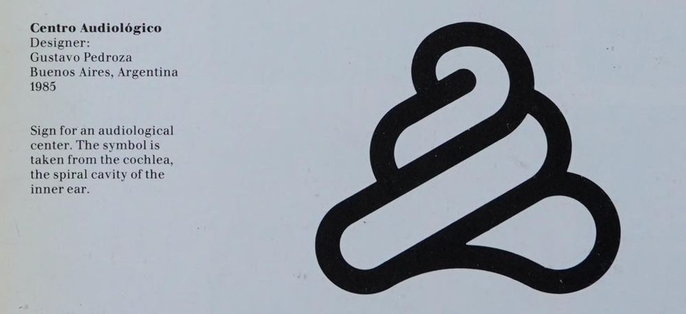 from one of my old logo books:

"Centro Audiolégico

Designer:
Gustavo Pedroza
Buenos Aires, Argentina
1985

Sign for an audiological center. The symbol is taken from the cochlea, the spiral cavity of the inner ear."

to the left of this is a logo of what is supposed to be a cochlea, but is straight up just some damn doo-doo.