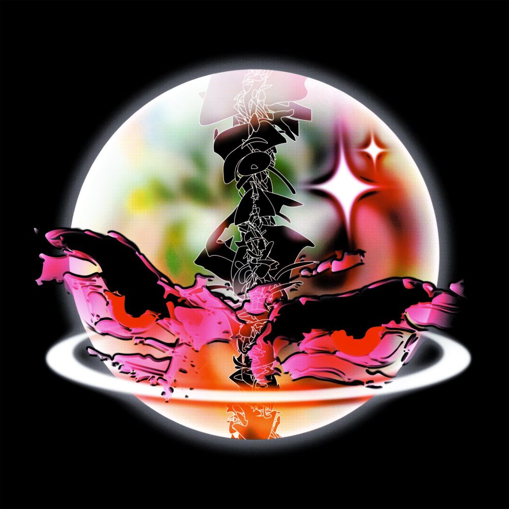 a mysterious orb filled with green, black, yellow, purple, and hot pink technicolor energy set against a black background. a halo encircles the lower quarter of the orb, and mysterious red/hot pink spectral energy flows from the middle