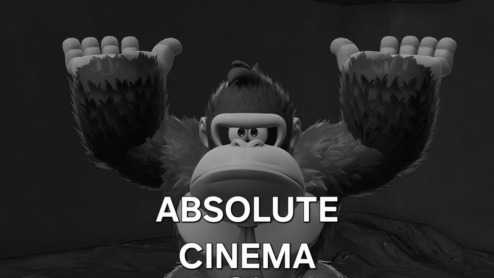 A monochrome image of Donkey Kong with his hands held above his head, labelled "ABSOLUTE CINEMA".