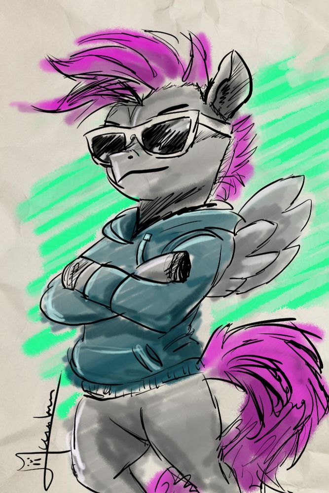 A sketch drawing with colour of a my little pony inspired horse standing on it's hind legs, arms crossed with sunglasses. Tail and manes are pink/magenta. Wearing a hoodie that's a dark green