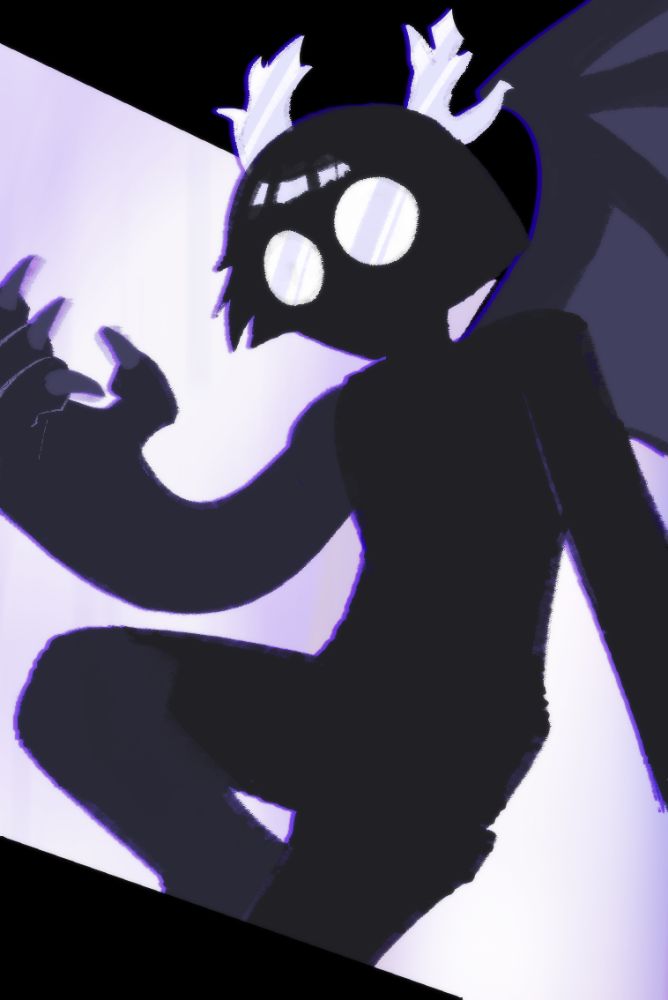 A simplistic lineless illustration of the silhouette of a hero with various dragon features, such as claws, horns, and wings. 