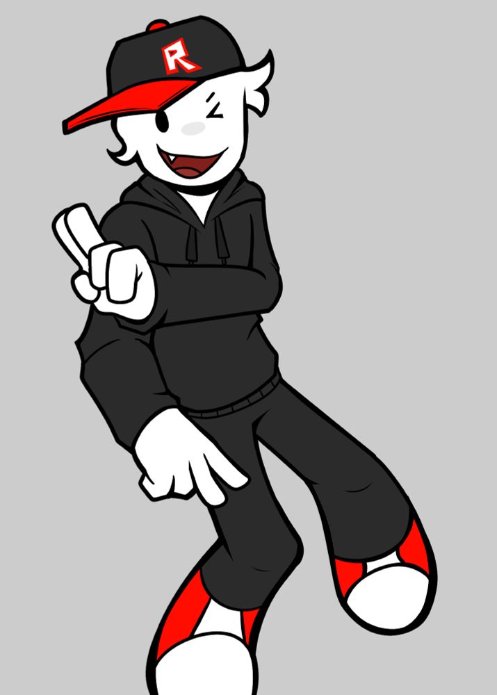 A drawing of a Roblox Guest posing. He's wearing the usual black baseball cap with the Roblox logo, along with a black hoodie, pants, and red shoes.