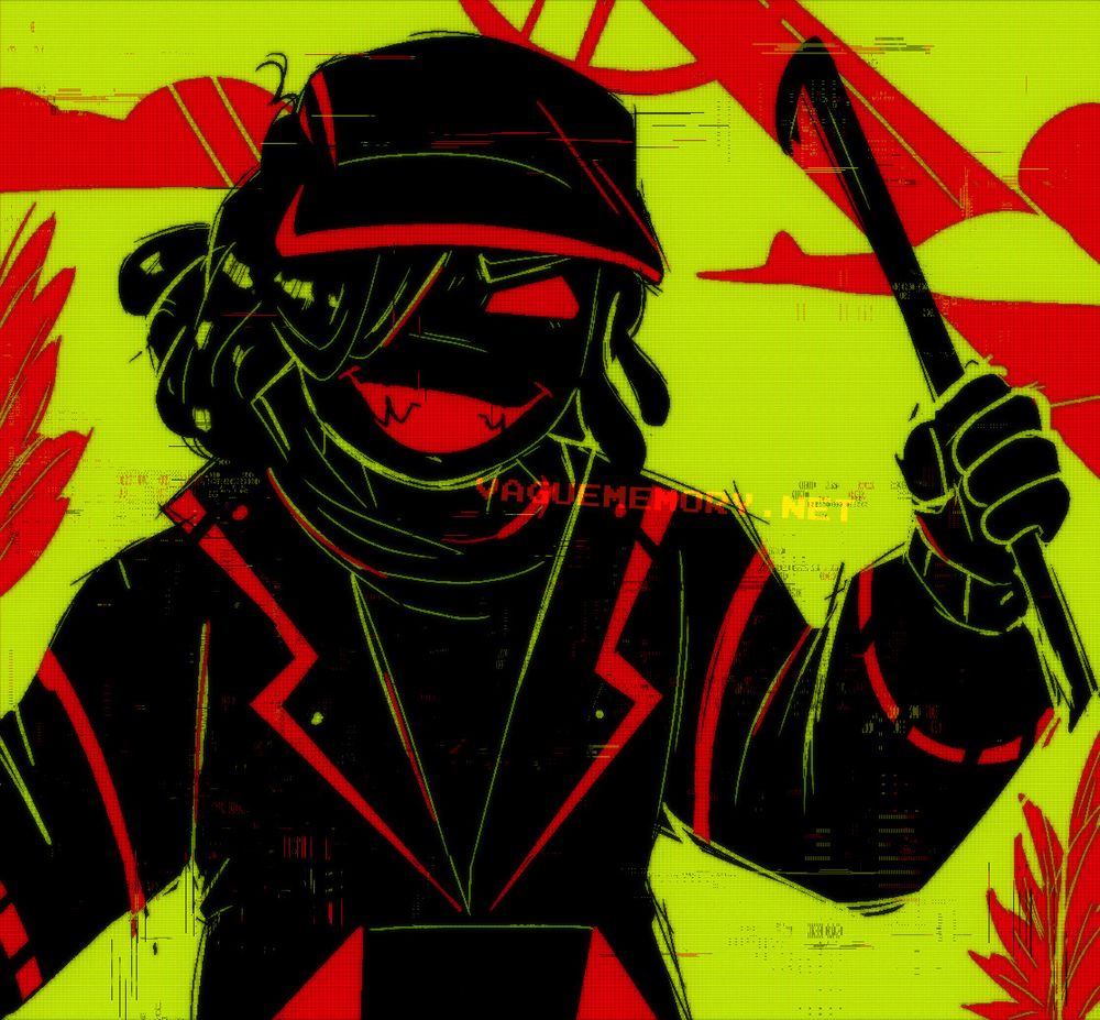 A bright colored illustration utilizing only the colors red and green of a menacing character with red eyes holding a crowbar and looking towards the viewer.