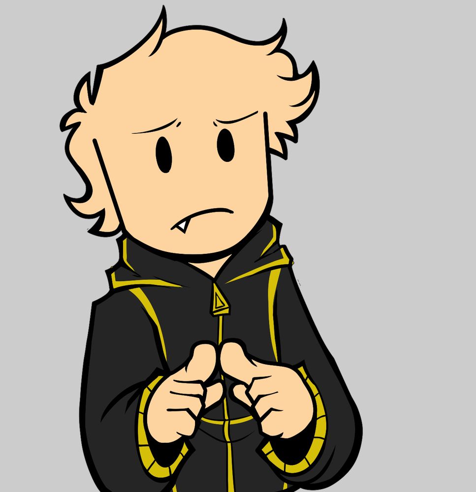 A drawing of Brandon from the Roblox series Brandon Works, he looks nervous and is poking his fingers together. He's wearing a black hoodie with yellow details.