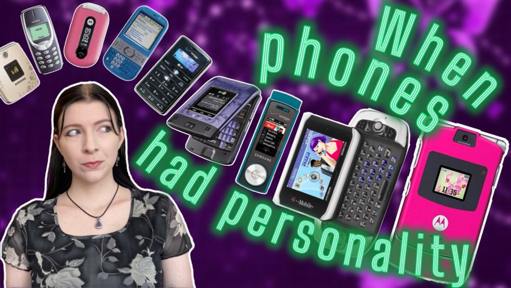 A YouTube thumbnail for Madi’s new video titled 2000’s cell phones were better. There is a purple background and Madi smiles in the corner. There is a wave of 2000s cell phones such as the razr and sidekick and in green it says “when phones has personality”. 
