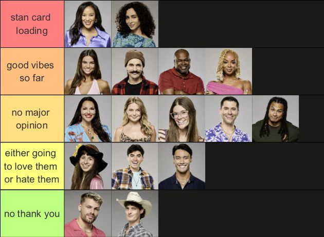 my bb27 tier list!

first tier is called "stan card loading" and includes ashley and morgan.

second tier is called "good vibes so far" and includes lauren, vince, will, and mickey.

third tier is called "no major opinion" and includes amy, katherine, kelley, jimmy, and keanu.

fourth tier is called "either going to love them or hate them" and includes ava, adrian, and zach.

fifth and last tier is called "no thank you" and includes zae and rylie.
