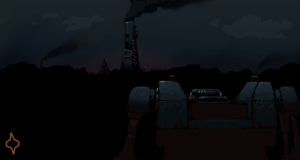 A foreboding pitch black forest covering half the landscape, with dark blue skies overhead displaying thin clouds. A tower billowing a deep gray smoke looms near the center of the piece behind the trees, as well as several other industrial buildings emitting a red glow, with 2 others in the far background smoking as well. A mech stands in the foreground, covered mostly by shadow and lit by the moonlight, its headpiece in pristine condition reflecting the setting around it, while its torso and arms are in severe disrepair; there is nothing else in the foreground. A watermark is in the bottom left corner.
