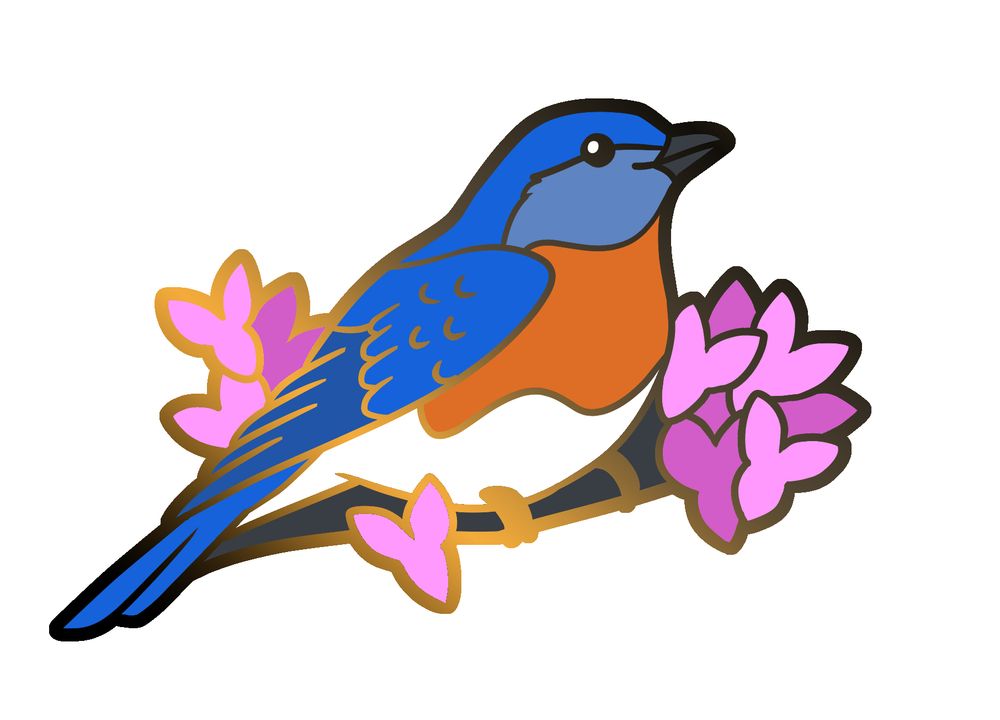 a pin design with a smiling eastern bluebird and pink flowers