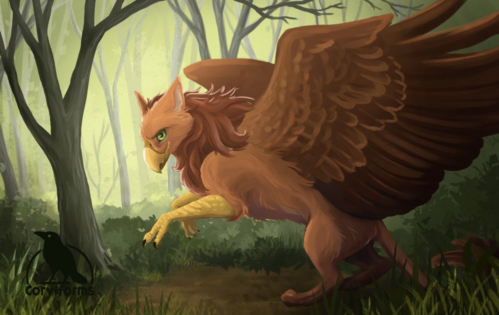 digital painting of a gryphon with wings out in the forest