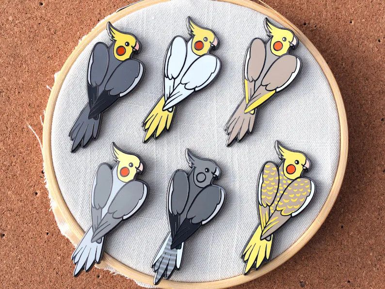photo of six different color cockatiel pins