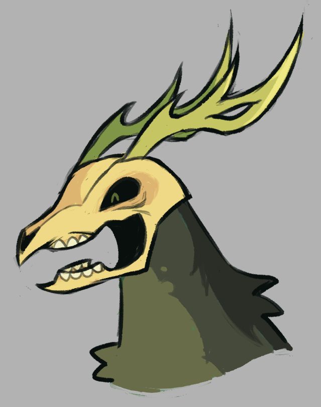 a yellow elk skulled monster with green antlers attempting to smile, its eyes express happiness