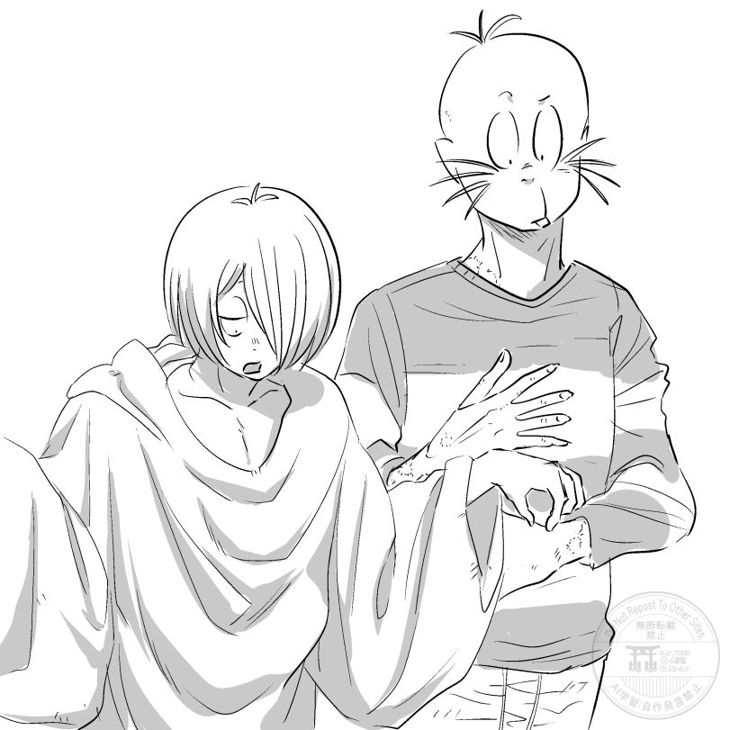 ゲタ吉くんとねずみちゃんで服装交換している絵