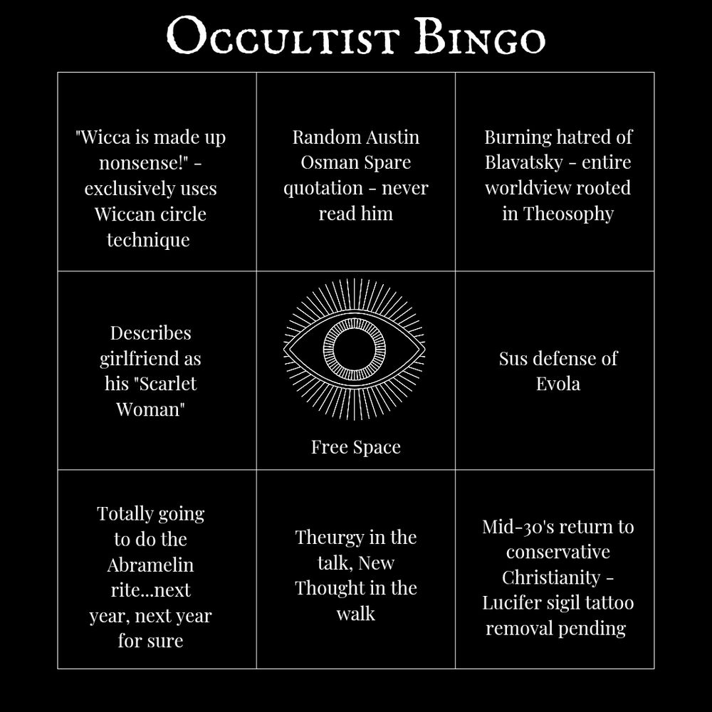 A bingo card on a black background. The central space includes an occult all-seeing eye with the words "Free Space." Around the eye are stereotypes of occult practitioners.