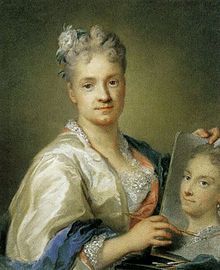A self-portrait painting by Rosalba Carriera where she is seated and holding a self-portrait in the painting