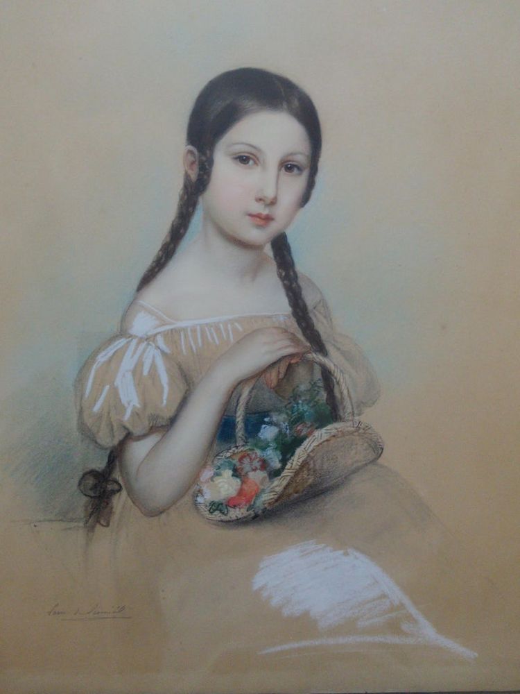 Laure Houssaye de Leomenil | Pastel of a girl with braids sitting and  holding a basket of flowers