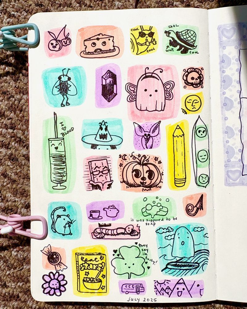 Sketchbook page separated into colored boxes. Each box is filled with a weird little marker sketch of an object or creature.