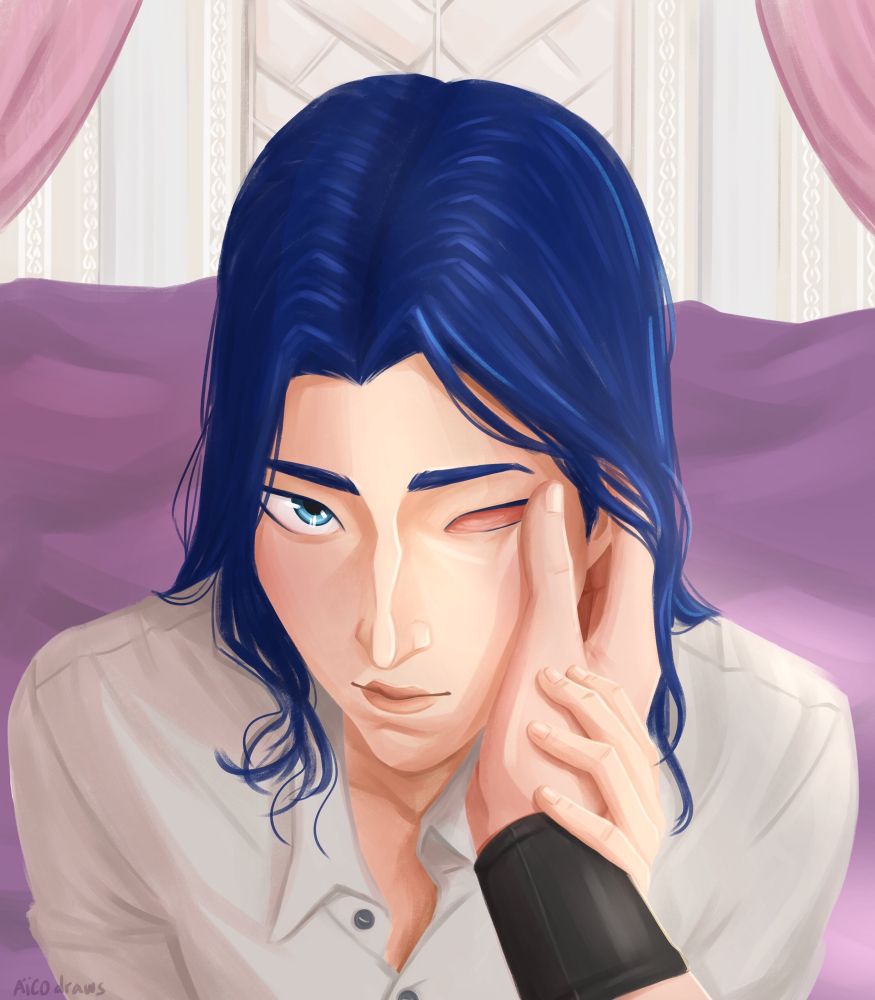 a drawing of a close up on caitlyn kiramman’s face cupped by vi’s hand. The image is from Vi’s point of view. Cait is gently resting her hand on Vi’s hand as well. They are in a bedroom, sitting on a purple bed decorated with purple curtains. Cait is missing her left eye, and with her good eye is looking lovingly at Vi.