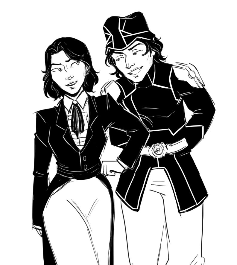 a black and white sketch of a young Cassandra Kiramman and Greyson from the show Arcane. Cassandra is nudging Greyson as she leans over her as if teasing her about something. Cassandra is wearing a formal jacket and skirt, while Grayson is wearing a Piltover enforcer uniform.