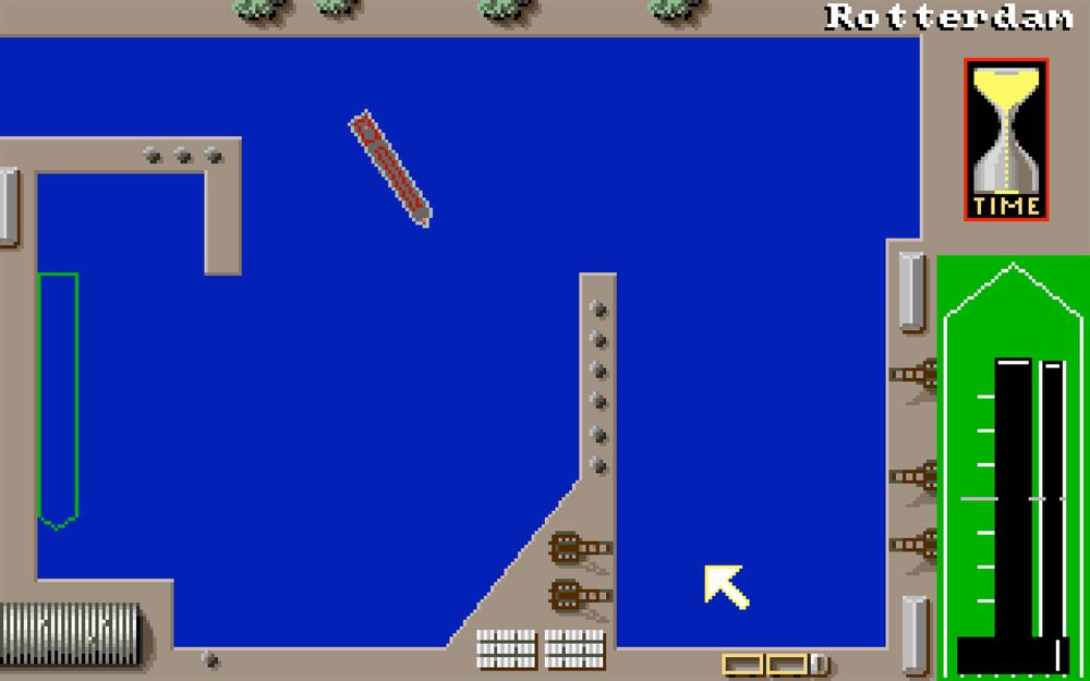 A classic game image of a ship arriving in Rotterdam port.