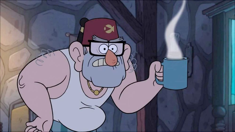 Grunkle Stan from Gravity Falls (Disney) holding a cup of hot coffee.