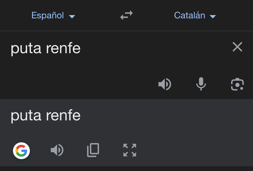Traductor castellano a catalán, en ambos ‘puta Renfe’ (traductor de Google)
