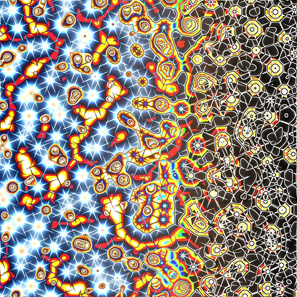 Algorithmic art with cell noise resembling spiky stars, fading from colorized on the left to black and white on the right
