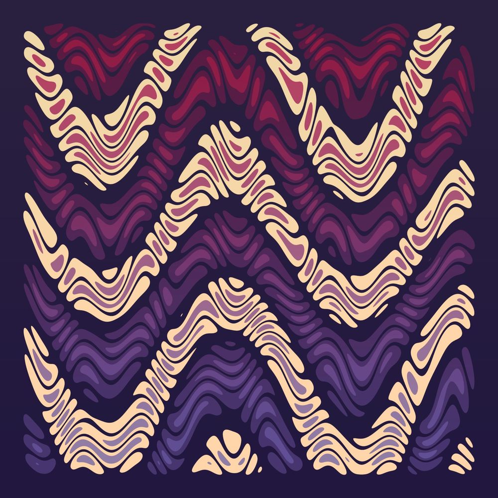 Algorithmic art featuring distorted wavy stripes in shades of red and purple