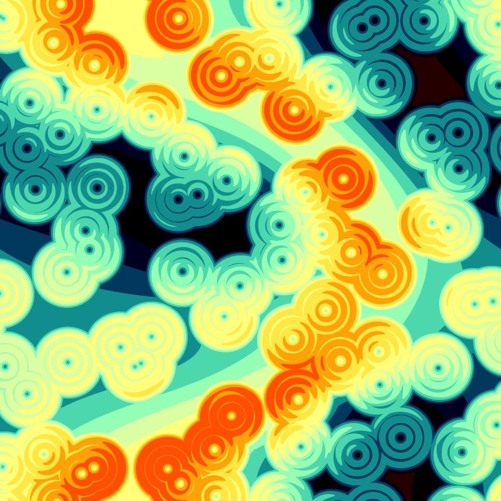 Algorithmic art with bubbles in concentric circles in shades of blue, orange, and yellow