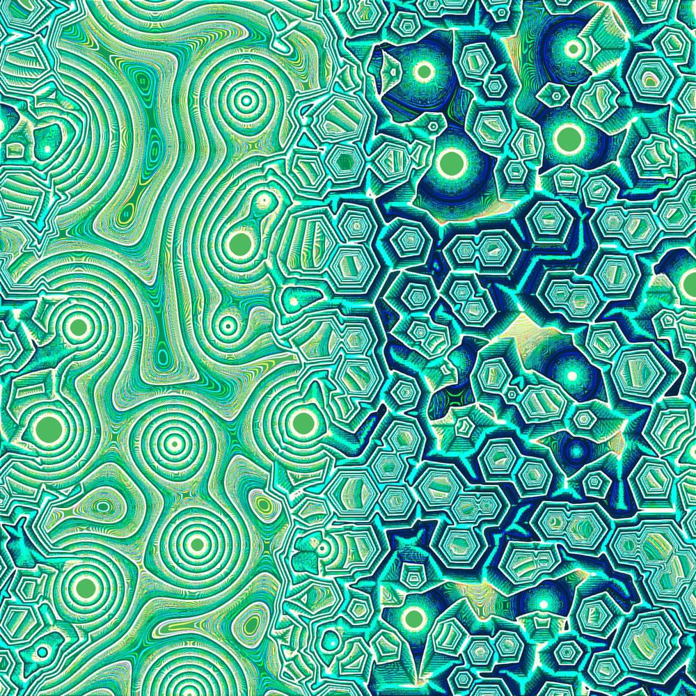 Algorithmic art with circular cells blending into hexagonal cells, in shades of blue and green