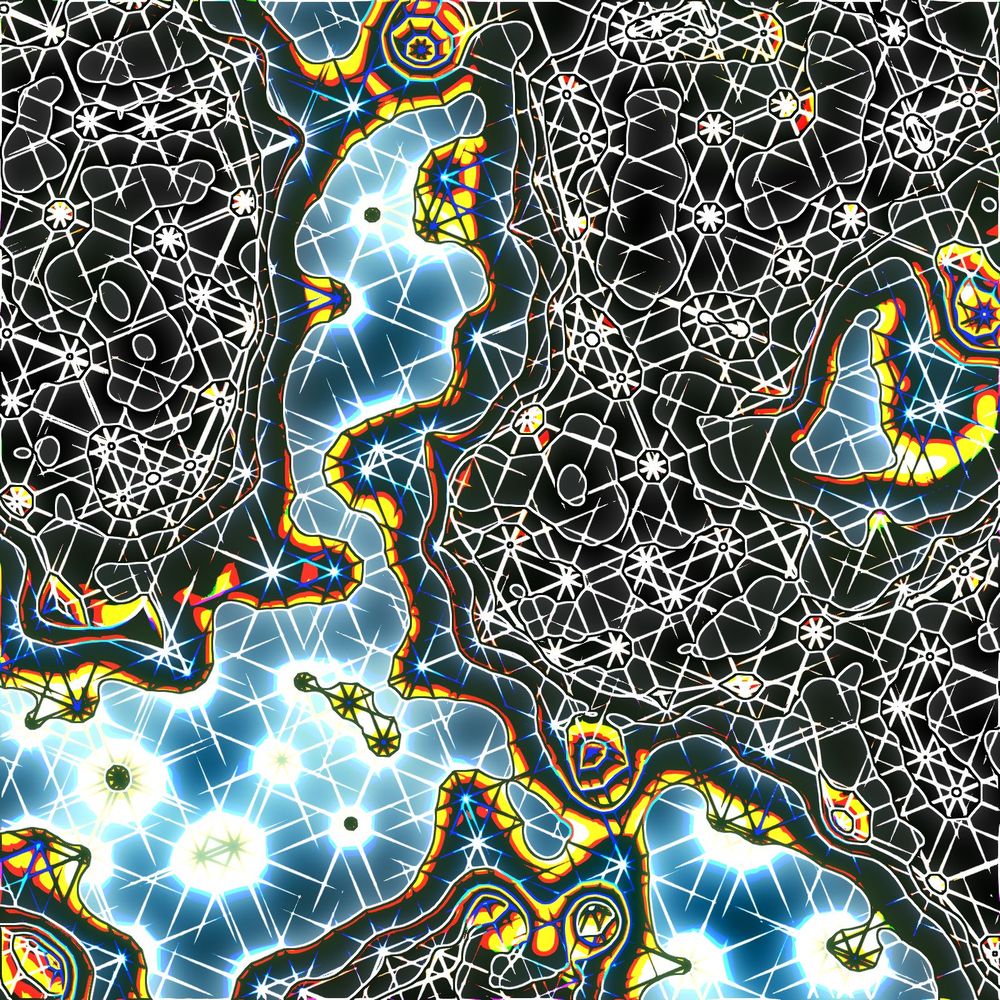 Algorithmic art with spiky cells in two irregular layers - one layer is colorized, the other is black and white