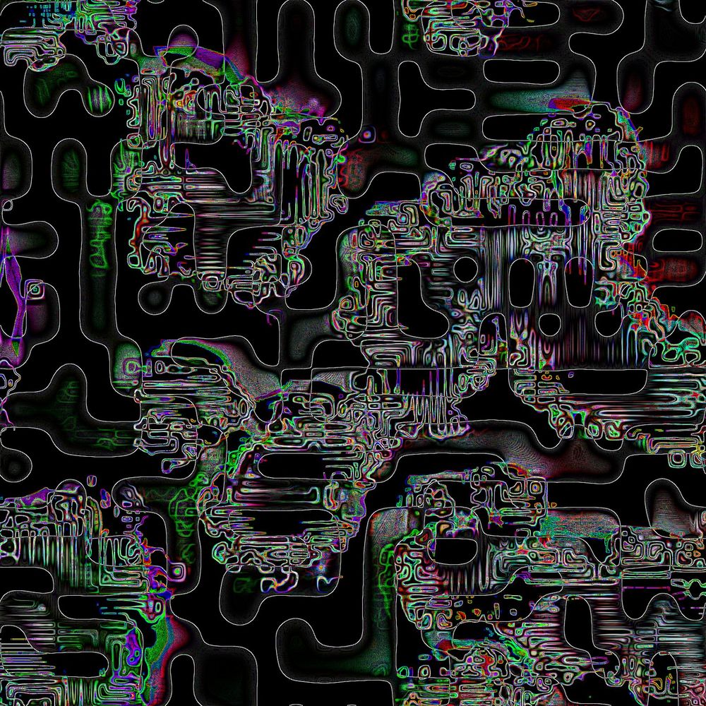 Algorithmic art with multiple resolutions of outlined maze-like cellular automata