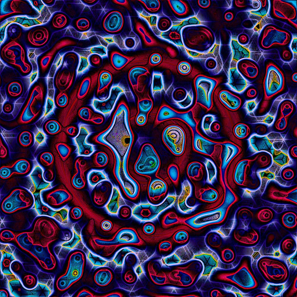 Algorithmic art with outlined cells melting into concentric rings, in shades of red, blue, and purple