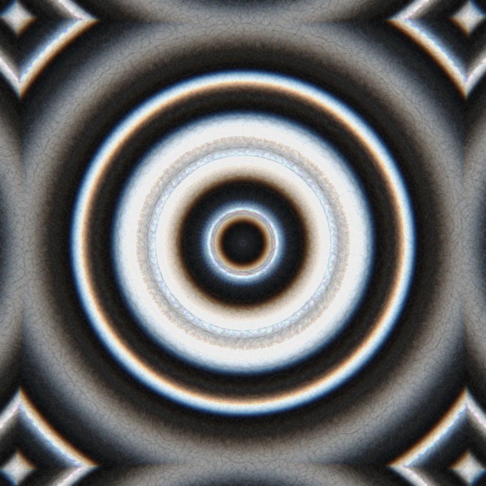 Algorithmic art composed of concentric fuzzy rings in shades of gray, desaturated blue and brown