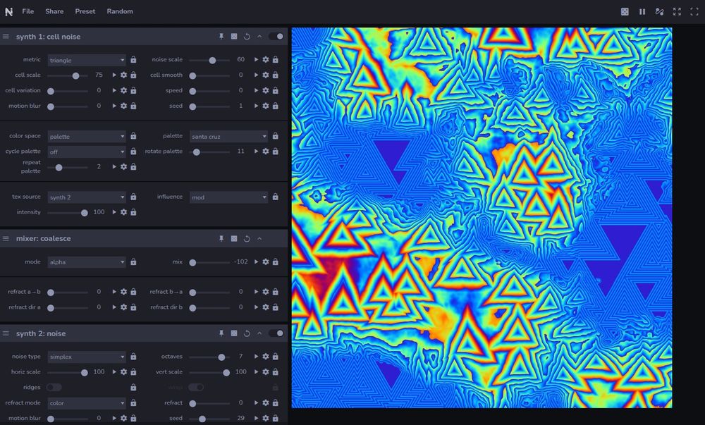 A screenshot of an art web app called Noisedeck, showing a work in progress that combines colorful triangular cell noise with simplex noise