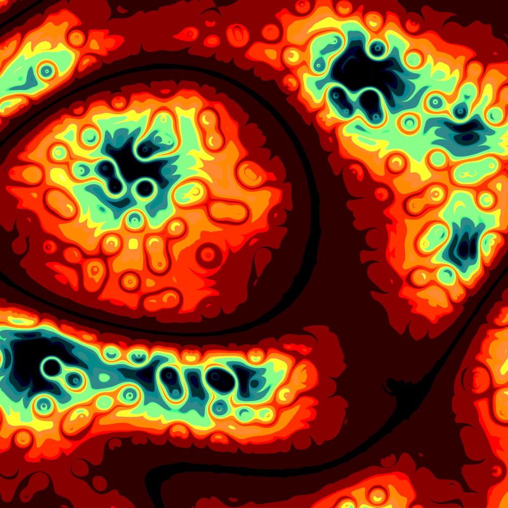 Algorithmic art with two scales of cell noise blended with simplex noise, in shades of red, orange, yellow, and blue