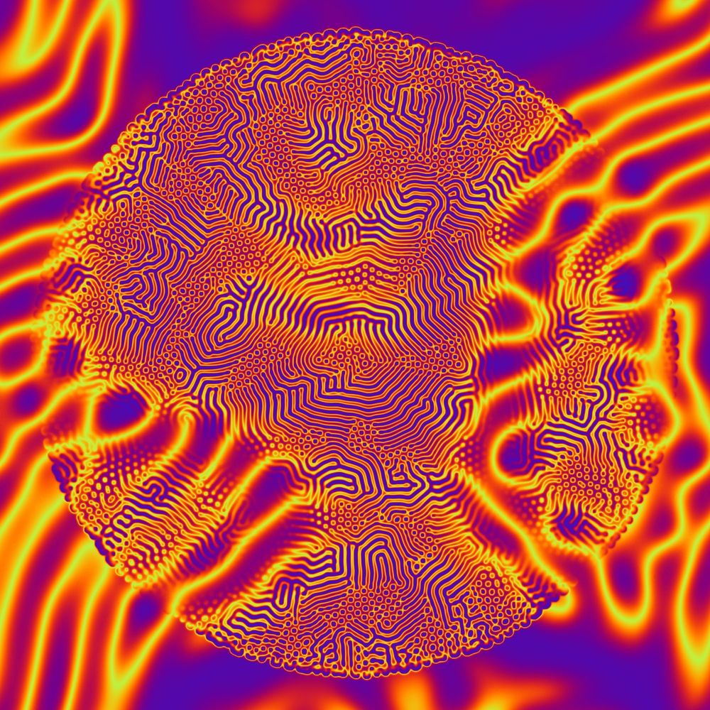 Algorithmic art made of two layers of reaction diffusion at different scales, influencing each other, in shades of red, orange, yellow, and blue