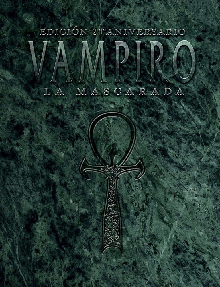 Portada del manual de rol "Vampiro La Mascarada, edición 20 aniversario"
La portada es un marmoleado verde oscuro con un símbolo en el centro.