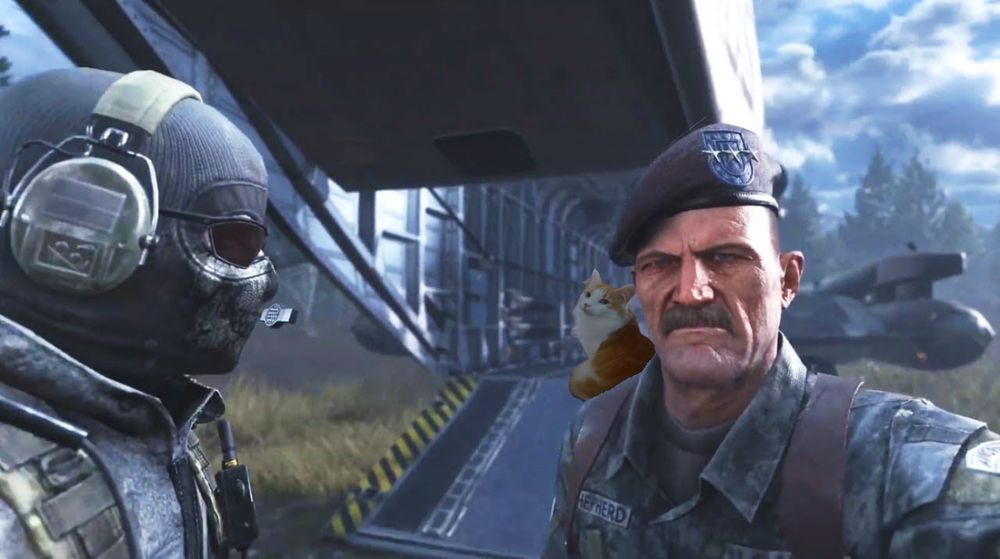 White and Orange cat behind General Shepherd in Modern Warfare 2