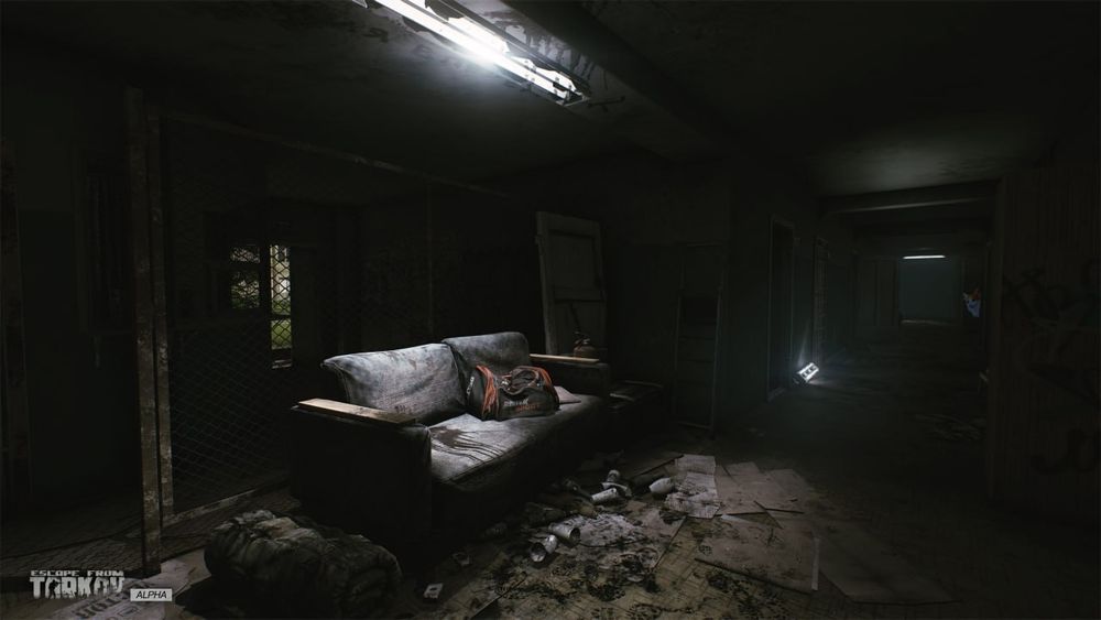 Orange and white cat hiding in the hallways of Customs in Escape From Tarkov