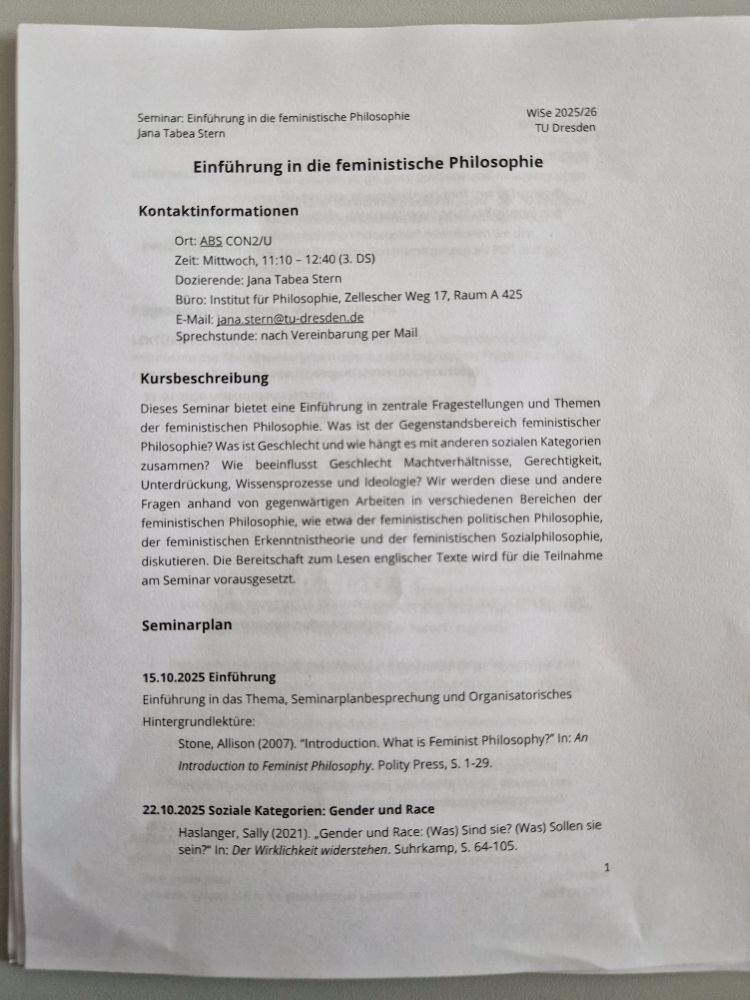 Seminarplan Einführung in die feministische Philosophie 