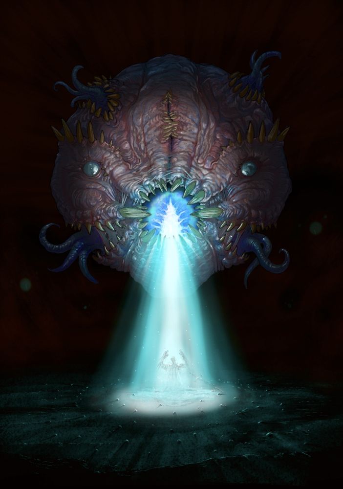 a big ol meat ball looking demon with a giant eye melting a guy with an eyebeam