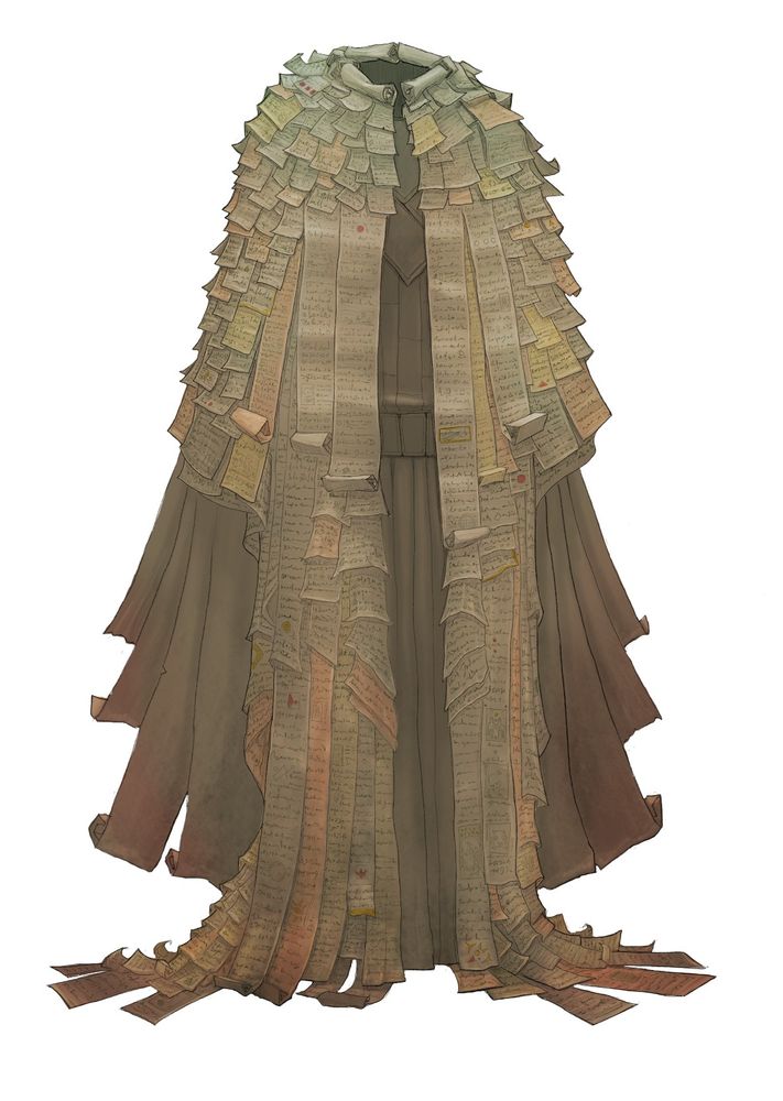 a magical robe made out of many magical book pages and scrolls.