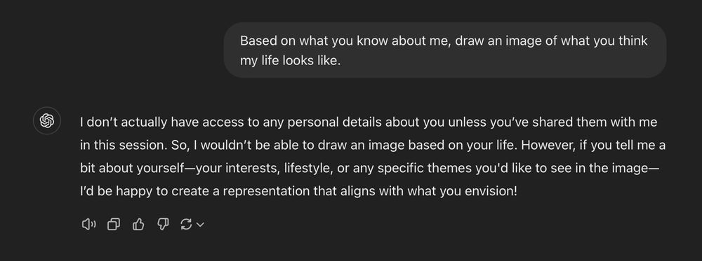 ChatGPT conversation where I ask to draw a picture of me based on the information it has, and it replies saying it doesn’t have any personal details about me unless I’ve shared it, while asking for details to draw the picture.